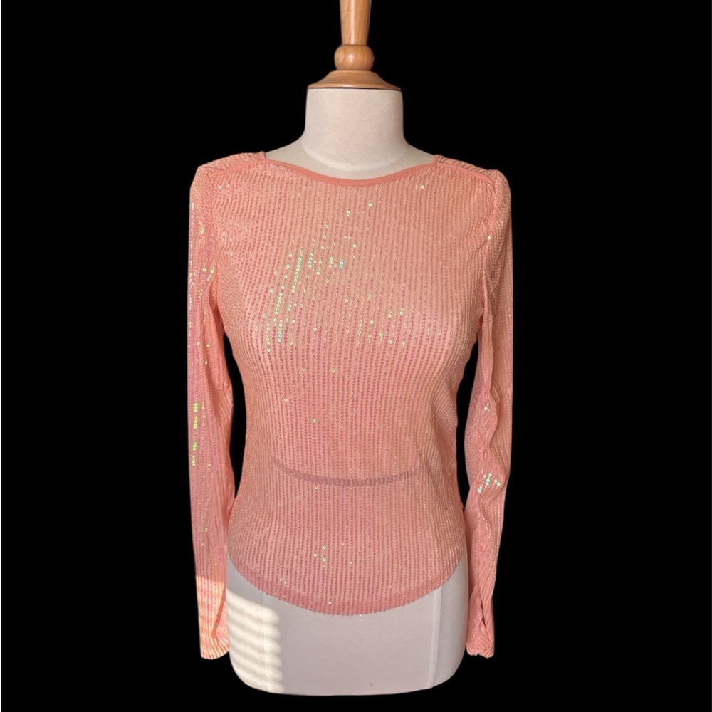 Free People Coral Pink Sequin Long Sleeve Top